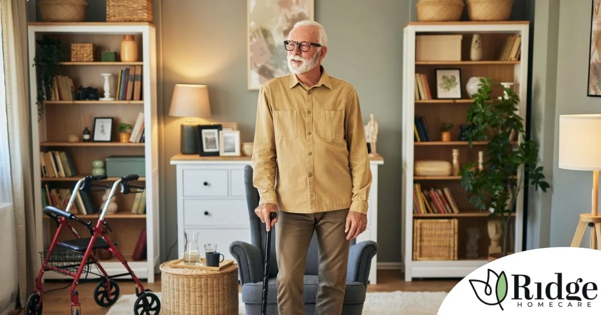 Exploring fall prevention for seniors — an elderly man stands in a safely arranged room.